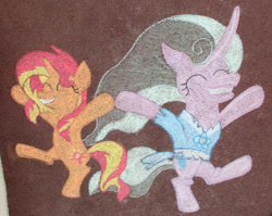Size: 1208x961 | Tagged: safe, artist:malte279, character:mistmane, character:sunset shimmer, species:pony, chalk, chalk drawing, czequestria, czequestria 2019, dancing, elley-ray hennessey, petra hobzová, street art, traditional art, tribute