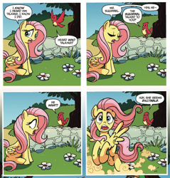 Size: 1096x1148 | Tagged: safe, artist:tonyfleecs, idw, official comic, character:fluttershy, species:bird, species:pegasus, species:pony, friends forever, comic, dialogue, duo, female, mare, scared, speech bubble