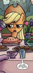 Size: 480x1034 | Tagged: safe, artist:agnesgarbowska, idw, official comic, character:applejack, character:twilight sparkle, character:twilight sparkle (alicorn), species:alicorn, species:earth pony, species:pony, friends forever, apple, cropped, dialogue, female, food, mare, pie, solo focus, speech bubble, that pony sure does love apples