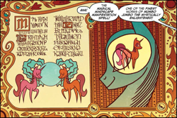 Size: 1063x713 | Tagged: safe, artist:brendahickey, idw, official comic, species:pony, friends forever, dialogue, illustration, mumbo jumbo the mystically enlightened, offscreen character, speech bubble, written equestrian