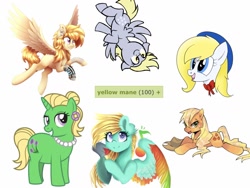 Size: 1565x1174 | Tagged: safe, artist:aegann, artist:darlimondoll, artist:lightning stripe, artist:shyshyoctavia, artist:starartcreations, artist:suikuzu, derpibooru original, edit, character:applejack, character:derpy hooves, oc, oc:color dash, oc:petunia bloom, oc:treble spirit, species:earth pony, species:pegasus, species:pony, species:unicorn, derpibooru, adobe imageready, applejack's hat, bags under eyes, bandage, blank flank, blonde, blonde hair, blue eyes, bow, bust, clothing, colored wings, cowboy hat, cute, cyan coat, derp, derpabetes, determined, ear fluff, ear piercing, earring, feather, female, flower, fluffy, flying, gift art, gray coat, green coat, green eyes, grin, hair bun, happy, hat, jewelry, looking at you, loose hair, mare, meta, multicolored wings, music notes, necklace, open mouth, pearl necklace, piercing, pink eyes, prone, purple eyes, rainbow wings, sailor hat, show accurate, simple background, smiling, tags, tongue out, upside down, wall of tags, wet mane, white background, white coat, wings, yellow eyes, yellow mane