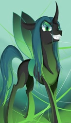 Size: 1080x1850 | Tagged: safe, artist:pegasister223, idw, character:queen chrysalis, species:changeling, changeling queen, cute, cutealis, female, grin, looking at you, smiling, solo, spread wings, stray strand, wings, younger
