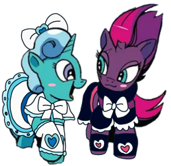 Size: 950x922 | Tagged: safe, artist:徐詩珮, edit, edited screencap, idw, screencap, character:fizzlepop berrytwist, character:glitter drops, character:tempest shadow, species:pony, species:unicorn, ship:glittershadow, background removed, broken horn, clothing, dress, female, futari wa precure, horn, lesbian, mare, not a vector, precure, shipping, simple background, tomboy taming, transparent background