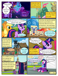 Size: 612x792 | Tagged: safe, artist:newbiespud, edit, edited screencap, idw, screencap, character:applejack, character:big mcintosh, character:cheerilee, character:doctor whooves, character:pinkie pie, character:rarity, character:spike, character:time turner, character:twilight sparkle, character:twilight sparkle (unicorn), species:dog, species:earth pony, species:pegasus, species:pony, species:unicorn, comic:friendship is dragons, episode:dungeons & discords, episode:the return of harmony, equestria girls:equestria girls, g4, my little pony: friendship is magic, my little pony:equestria girls, background pony, bone, clothing, comic, cookie zombie, dialogue, exploitable meme, female, flying, freckles, hat, implied discord, implied fluttershy, looking up, male, mare, meme, mouth hold, night, open mouth, screencap comic, skeleton, skeleton pony, spike the dog, squizard, stallion, sword, twiscream, wagon, weapon, worried, yoke
