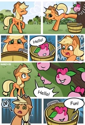 Size: 737x1084 | Tagged: safe, artist:nancy-05, idw, character:applejack, character:pinkie pie, apple, apple pinkie, comic, dialogue, food, food transformation, inanimate tf, multeity, species swap, speech bubble, swirly eyes, transformation, what in tarnation