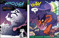 Size: 711x460 | Tagged: safe, artist:amy mebberson, idw, official comic, beak, comic, dialogue, larry, male, moon creature, nightmare forces, open beak, shadowfright, speech bubble, transformation