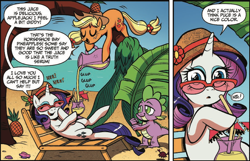 Size: 1070x691 | Tagged: safe, artist:brendahickey, idw, official comic, character:applejack, character:rarity, character:spike, species:crab, species:dragon, species:earth pony, species:pony, species:unicorn, beach, clothing, comic, dialogue, drinking glass, female, food, hat, hiccup, lying down, male, mare, on back, onomatopoeia, palm tree, pineapple, pineapple juice, pitcher, pouring, speech bubble, sunglasses, tree