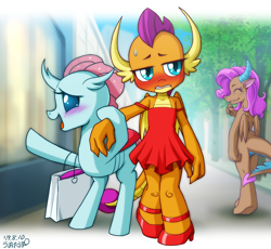 Size: 1178x1083 | Tagged: safe, artist:uotapo, idw, character:mina, character:ocellus, character:smolder, species:changeling, species:dragon, species:reformed changeling, blushing, clothing, cute, diaocelles, dragoness, dress, embarrassed, female, fillydelphia, high heels, humiliated, humiliation, laughing, minabetes, nervous, shoes, shopping, shopping bags, smolder also dresses in style, smolder is not amused, smolderbetes, tree, unamused, uotapo is trying to murder us, uotapo will kill us all, window shopping