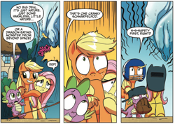 Size: 1084x766 | Tagged: safe, artist:amy mebberson, idw, official comic, character:applejack, character:fluttershy, character:spike, species:dragon, species:earth pony, species:pegasus, species:pony, baseball glove, cocoon, comic, dialogue, female, football helmet, helmet, male, mare, pot, schmarfelpod, speech bubble, trio