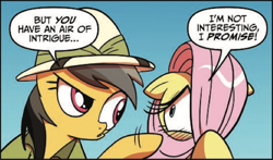 Size: 550x324 | Tagged: safe, artist:amy mebberson, idw, official comic, character:daring do, character:fluttershy, species:pony, blatant lies, clothing, dialogue, duo, female, hat, hiding behind mane, mare, pith helmet, speech bubble