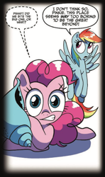 Size: 510x860 | Tagged: safe, artist:amy mebberson, idw, official comic, character:pinkie pie, character:rainbow dash, species:earth pony, species:pegasus, species:pony, dialogue, duo, female, implied death, mare, seashell, simple background, speech bubble, whispering, white background