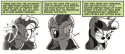 Size: 1106x476 | Tagged: safe, artist:amy mebberson, idw, official comic, character:pinkie pie, character:rainbow dash, character:twilight sparkle, species:pony, comic, eye twitch, female, glasses, grayscale, jewelry, mare, monochrome, narration, necklace, noir, one eye closed, pearl necklace, pince-nez, simple background, trio, white background