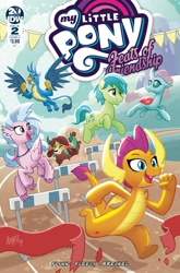 Size: 825x1252 | Tagged: safe, artist:tonyfleecs, idw, character:gallus, character:ocellus, character:sandbar, character:silverstream, character:smolder, character:yona, hurdle, obstacle course, student six