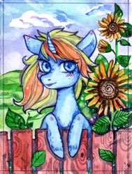 Size: 1945x2576 | Tagged: safe, artist:matokiro, oc, oc only, oc:skydreams, species:pony, species:unicorn, blushing, blushing ears, female, flower, mare, sunflower, watercolor painting, ych result