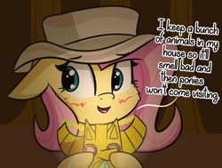 Size: 2676x2025 | Tagged: safe, artist:artiks, character:fluttershy, species:pegasus, species:pony, episode:daring doubt, g4, my little pony: friendship is magic, blushing, cheek fluff, clothing, confession, cute, dialogue, female, floppy ears, hat, mare, shyabetes, solo, truth talisman