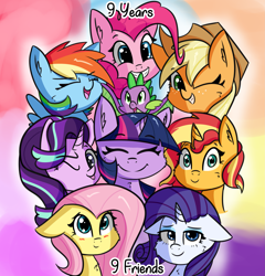 Size: 3371x3509 | Tagged: safe, artist:artiks, character:applejack, character:fluttershy, character:pinkie pie, character:rainbow dash, character:rarity, character:spike, character:starlight glimmer, character:sunset shimmer, character:twilight sparkle, character:twilight sparkle (alicorn), species:alicorn, species:dragon, species:earth pony, species:pegasus, species:pony, species:unicorn, blushing, bust, cheek fluff, chest fluff, cute, ear fluff, featured on derpibooru, female, floppy ears, group photo, happy birthday mlp:fim, high res, male, mane eight, mane nine, mane seven, mane six, mare, mlp fim's ninth anniversary, multicolored background, portrait, smiling, text, wide smile, winged spike
