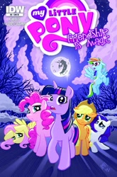 Size: 593x900 | Tagged: safe, artist:tonyfleecs, idw, official, official comic, character:applejack, character:fluttershy, character:pinkie pie, character:rainbow dash, character:rarity, character:twilight sparkle, comic, comic cover, cover, everfree forest, mane six, mare in the moon, moon, night