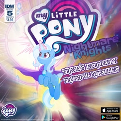 Size: 1080x1080 | Tagged: safe, artist:tonyfleecs, gameloft, idw, official, character:trixie, species:pony, species:unicorn, cape, clothing, misspelling, my little pony logo, nightmare knights, solo, text, trixie's cape