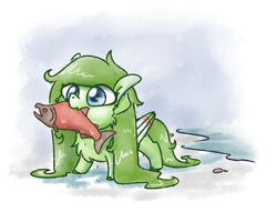 Size: 2560x2048 | Tagged: safe, artist:sugar morning, oc, oc:lief, species:pegasus, species:pony, actually salmon for once, chibi, cute, female, fish, mare, mouth hold, omnivore, salmon, unshorn fetlocks, water, watercolor painting, wet