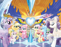 Size: 1000x771 | Tagged: safe, artist:tonyfleecs, idw, official, official comic, character:apple bloom, character:applejack, character:bon bon, character:derpy hooves, character:dj pon-3, character:doctor whooves, character:fluttershy, character:king sombra, character:lyra heartstrings, character:pinkie pie, character:princess cadance, character:rainbow dash, character:rarity, character:scootaloo, character:shining armor, character:spike, character:sweetie belle, character:sweetie drops, character:time turner, character:twilight sparkle, character:vinyl scratch, species:crystal pony, species:dragon, species:earth pony, species:pegasus, species:pony, species:unicorn, clean, comic, cover, crystal heart, crystal rarity, crystal spike, crystallized, cutie mark crusaders, epic wife tossing, female, filly, mane seven, mane six, mare