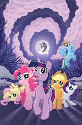 Size: 659x1000 | Tagged: safe, artist:tonyfleecs, idw, official, official comic, character:applejack, character:fluttershy, character:pinkie pie, character:rainbow dash, character:rarity, character:twilight sparkle, clean, comic, cover, moon
