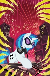 Size: 757x1149 | Tagged: safe, artist:tonyfleecs, idw, official, official comic, character:dj pon-3, character:vinyl scratch, clean, comic, cover, grin, headphones, smiling, turntable