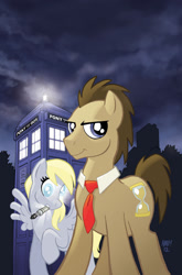 Size: 757x1149 | Tagged: safe, artist:tonyfleecs, idw, official, official comic, character:derpy hooves, character:doctor whooves, character:time turner, species:pegasus, species:pony, clean, comic, cover, crossover, doctor who, female, mare, parody, sonic screwdriver, tardis