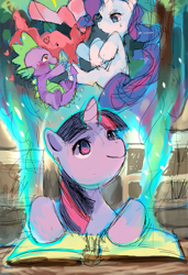 Size: 873x1280 | Tagged: safe, alternate version, artist:suikuzu, character:pinkie pie, character:rarity, character:spike, character:twilight sparkle, character:twilight sparkle (unicorn), species:dragon, species:pony, species:unicorn, book, female, heart eyes, male, mare, wingding eyes
