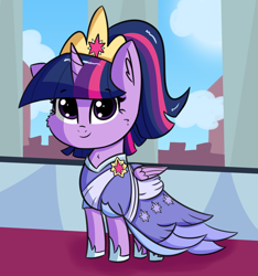 Size: 2564x2743 | Tagged: safe, artist:artiks, character:twilight sparkle, character:twilight sparkle (alicorn), species:alicorn, species:pony, episode:the last problem, g4, my little pony: friendship is magic, alternate hairstyle, cheek fluff, clothing, coronation dress, crown, cute, dress, female, jewelry, looking at you, mare, regalia, second coronation dress, smiling, solo, twiabetes