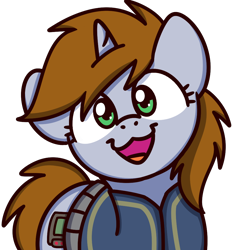 Size: 1000x1000 | Tagged: safe, artist:sugar morning, oc, oc only, oc:littlepip, species:pony, species:unicorn, fallout equestria, clothing, cute, fanfic, fanfic art, female, horn, looking at you, mare, ocbetes, open mouth, pipabetes, simple background, smiling, solo, sugar morning's smiling ponies, transparent background, vault suit