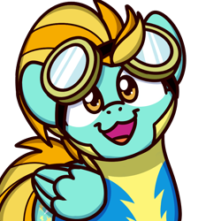 Size: 1000x1000 | Tagged: safe, alternate version, artist:sugar morning, character:lightning dust, species:pegasus, species:pony, bust, cat face, cat smile, clothing, cute, dustabetes, female, goggles, looking at you, mare, open mouth, simple background, smiling, solo, sugar morning's smiling ponies, transparent background, uniform, wonderbolt trainee uniform