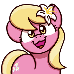 Size: 1000x1000 | Tagged: safe, artist:sugar morning, character:lily, character:lily valley, species:earth pony, species:pony, bust, cat face, cat smile, cute, female, flower, lilybetes, looking at you, mare, open mouth, simple background, smiling, smiling at you, solo, sugar morning's smiling ponies, transparent background