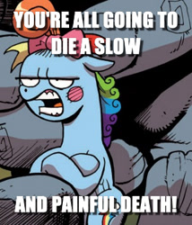 Size: 300x350 | Tagged: safe, idw, character:rainbow dash, species:pegasus, species:pony, caption, cave troll, cave troll jim, cropped, female, image macro, mare, rainbow dash always dresses in style, rainbow dash is not amused, text, this will end in pain, unamused