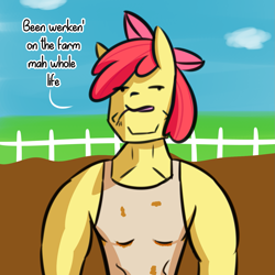 Size: 1443x1443 | Tagged: safe, artist:artiks, character:apple bloom, species:anthro, apple brawn, chad, dialogue, fence, muscles, sleeveless shirt, solo, straw in mouth, swole