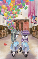 Size: 1158x1800 | Tagged: safe, artist:sararichard, idw, official, character:marble pie, character:maud pie, character:pinkie pie, species:earth pony, species:pony, balloon, cover, danny torrance, female, hallway, mare, the grady girls, the shining, tricycle, twins