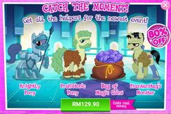 Size: 1035x687 | Tagged: safe, gameloft, idw, official, species:earth pony, species:pony, species:unicorn, advertisement, costs real money, frankenstag's monster, frankenstein's monster, idw showified, knight, prehistoric, sale