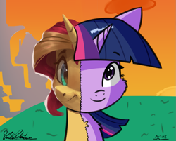 Size: 1353x1086 | Tagged: safe, artist:artiks, artist:vanillaghosties, character:sunset shimmer, character:twilight sparkle, species:pony, best pony, collaboration, female, fusion, looking at you, mare, smiling, we have become one, what has magic done