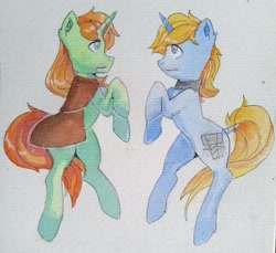 Size: 3356x3080 | Tagged: safe, artist:naet, oc, oc only, oc:arc pyre, oc:skydreams, species:pony, species:unicorn, cape, clothing, collar, female, male, mare, rearing, stallion, traditional art