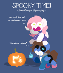 Size: 2560x3000 | Tagged: safe, artist:sugar morning, oc, oc only, oc:bizarre song, oc:sugar morning, species:pegasus, species:pony, clothing, costume, couple, doge, female, fire, halloween, holiday, knife, male, mare, pumpkin, sans (undertale), simple background, slippers, stallion, sugarre, text, toriel, undertale