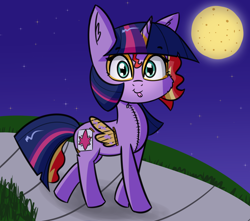 Size: 2340x2068 | Tagged: safe, artist:artiks, character:sunset shimmer, character:twilight sparkle, character:twilight sparkle (alicorn), species:alicorn, species:pony, species:unicorn, alicorn costume, clothing, costume, fake horn, fake wings, female, full moon, halloween, halloween costume, holiday, mare, moon, pony costume, solo, twilight sparkle costume, twilight wig