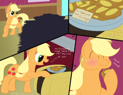 Size: 2700x2100 | Tagged: safe, artist:necrofeline, character:applejack, species:earth pony, species:pony, series:flutters's fritters, clothing, comic, dialogue, eating, food, fritter, hat, implied fluttershy, sequence, this will end in balloons