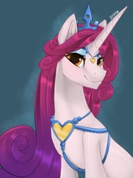 Size: 1536x2048 | Tagged: safe, artist:siripim111, idw, character:princess amore, species:pony, species:unicorn, crown, cute, eyeshadow, female, horn, idw showified, jewelry, long horn, long mane, makeup, mare, regalia, smiling, solo