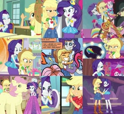 Size: 960x884 | Tagged: safe, artist:samyvillaly, edit, idw, screencap, character:applejack, character:fluttershy, character:pinkie pie, character:posey, character:rainbow dash, character:rarity, ship:rarijack, episode:costume conundrum, equestria girls:forgotten friendship, equestria girls:holidays unwrapped, equestria girls:rollercoaster of friendship, g1, g4, my little pony:equestria girls, collage, comic, costume conundrum: applejack, female, g1 to g4, generation leap, lesbian, shipping, shipping fuel
