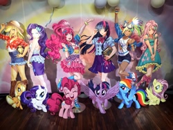 Size: 2048x1536 | Tagged: safe, edit, kotobukiya, character:applejack, character:fluttershy, character:pinkie pie, character:rainbow dash, character:rarity, character:twilight sparkle, character:twilight sparkle (alicorn), species:alicorn, species:earth pony, species:human, species:pegasus, species:pony, species:unicorn, anime, book, boots, clothing, cowboy boots, cowboy hat, denim skirt, dress, female, glasses, goggles, hat, human ponidox, humanized, i can't believe it's not sci-twi, irl, looking at you, mane six, mare, merchandise, photo, pleated skirt, self paradox, self ponidox, shoes, shorts, side slit, skirt, smiling