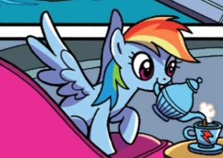 Size: 262x186 | Tagged: safe, artist:brendahickey, idw, character:rainbow dash, species:pegasus, species:pony, cropped, cup, cute, dashabetes, female, food, mare, mouth hold, solo, spread wings, tea, teacup, teapot, wings