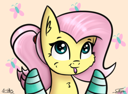 Size: 1822x1339 | Tagged: safe, artist:artiks, artist:sadtrooper, character:fluttershy, species:pony, blep, cheek fluff, clothing, cute, cutie mark background, female, mare, shyabetes, socks, solo, striped socks, tongue out