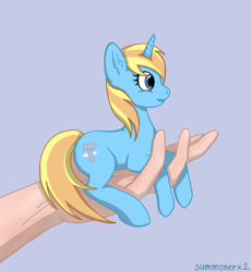 Size: 2000x2175 | Tagged: safe, artist:summonerx2, oc, oc only, oc:skydreams, species:human, species:pony, species:unicorn, cute, hand, holding a pony, in goliath's palm, it's dangerous to go alone, palm, smol, tiny, tiny ponies, ych result