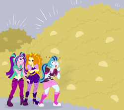 Size: 1800x1596 | Tagged: safe, artist:necrofeline, character:adagio dazzle, character:aria blaze, character:sonata dusk, species:human, my little pony:equestria girls, blushing, floating heart, food, gray background, heart, heart eyes, simple background, sonataco, taco, that girl sure loves tacos, the dazzlings, this will end in weight gain, tongue out, weight gain sequence, wingding eyes