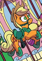 Size: 290x421 | Tagged: safe, idw, character:applejack, character:scootaloo, species:pegasus, species:pony, bridle, carousel, cropped, inanimate tf, merry-go-round, saddle, solo focus, tack, transformation