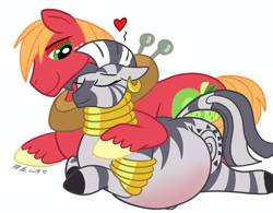 Size: 900x701 | Tagged: safe, artist:necrofeline, character:big mcintosh, character:zecora, species:earth pony, species:pony, species:zebra, ship:macora, cuddling, female, floating heart, heart, hyper, hyper pregnancy, interspecies, male, pregnant, shipping, simple background, straight, white background
